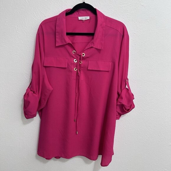 Calvin Klein Fuchsia Chiffon Blouse Pink Tassel Collared Neck Roll Tab Sleeve 3X - Picture 5 of 10